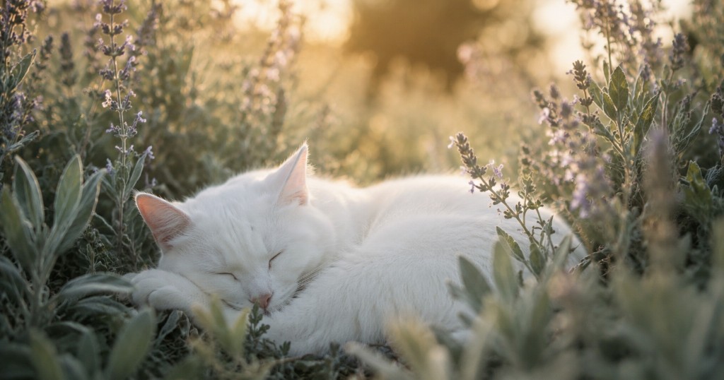 A white cat resting peacefully among sage and lavender in warm light